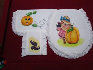 Juego de baño, tres piezas ” Espantapájaros con calabacita”