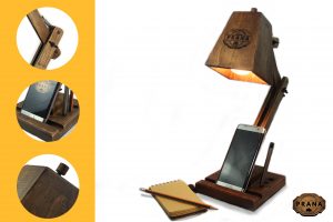 Lampara De Escritorio De Madera, Base Para Celular/tablet